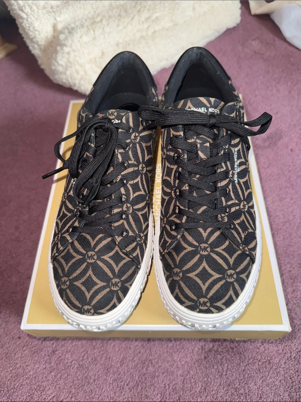 Michael Kors Black and Brown Logo-Pattern Lace-Up Sneakers